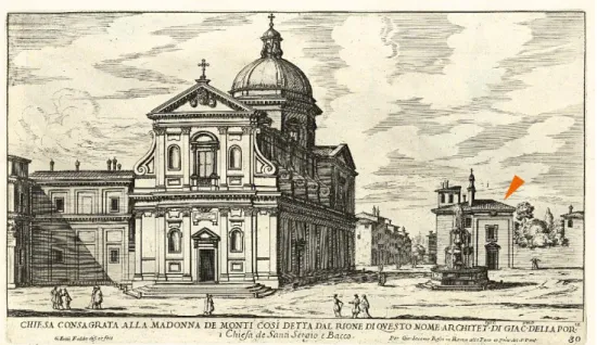 Fig. 4. Giovanni Battista Falda, Chiesa consagrata alla Madonna de Monti, etching, 1669,  showing the church SS