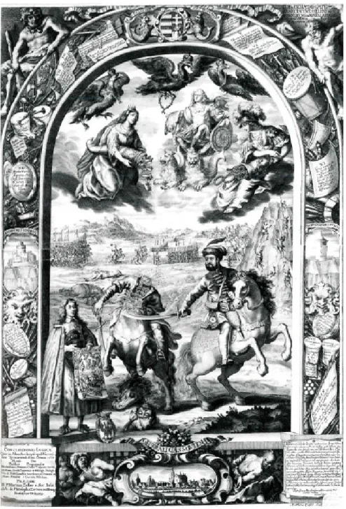 Fig. 2. Matthäus Küsel, Heroic deed of Ferenc Wesselényi and its allegory. Theses broadsheet  of Gáspár Széchy, 1663, copperplate engraving, 700 x 483 mm, Vienna, Heeresgeschichtliches  Museum, Galavics 2003, p