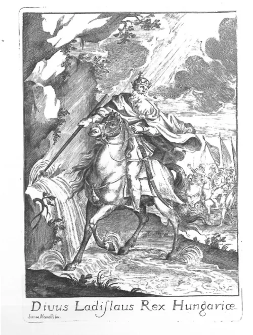 Fig. 3. Sante Manelli («Sante Manelli Inc.»), St Ladislas striking water from a rock, 1738,  engraving in Zaniboni 1738