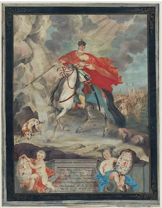 Fig.  6.  Unknown  painter,  St  Ladislas  striking  water  from  a  rock,  1737,  watercolour  on  parchment, Bratislava, Galéria mesta Bratislavy