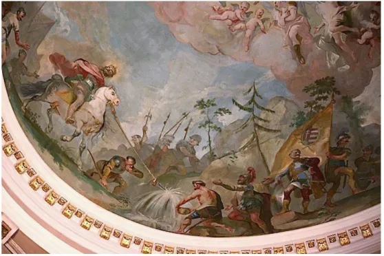 Fig.  8.  Franz  Anton  Maulbertsch,  St  Ladislas  striking  water  from  a  rock  –  detail,  1781,  Bratislava, dome of the Bratislava bishop’s palace chapel