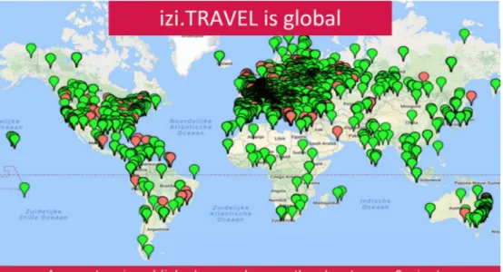 Fig. 1. Mappa della distribuzione delle audioguide sulla piattaforma di izi.TRAVEL (maggio  2017): in verde gli audiotour in città; in rosso le audioguide museali (cortesia di izi.TRAVEL)