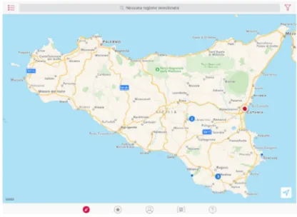 Fig.  3.  Distribuzione  delle  audioguide  in  Sicilia  sulla  mappa  di  Google,  dalla  app  di  izi.