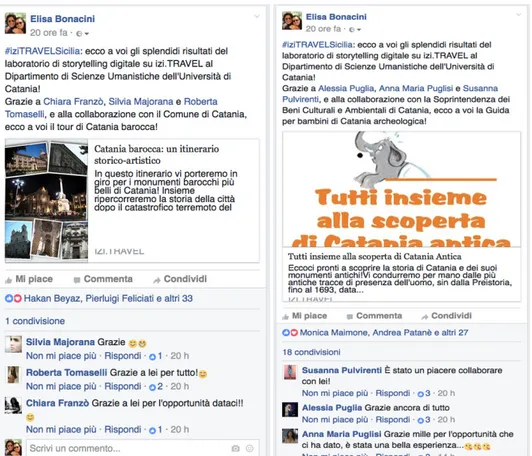 Fig. 10. Screenshot di due post su Facebook con i feedbacks degli studenti del “Laboratorio  di  storytelling  sulla  piattaforma  izi.TRAVEL”  presso  il  Dipartimento  di  Scienze  Umanistiche  dell’Università di Catania