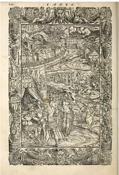 Fig. 5. Sixteenth Century Xylograph, Visual representation of scenes from the Canto XIV of  Ariosto’s epic Orlando Furioso, Venetia: appresso Vincenzo Valgrisi, 1562