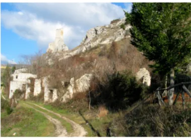 Fig.  2.  Pescina.  Ruderi  di  edifici  abbandonati  nella  zona  alta  dell’abitato,  tra  la  Torre  Piccolomini e la chiesa di San Berardo (foto novembre 2016)