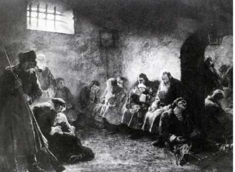 Fig. 1. Vladimir Šereševskij, Una tappa di deportati in Siberia, 1893, olio su tela, cm 272x355,  Galleria Internazionale d’Arte Moderna, Venezia