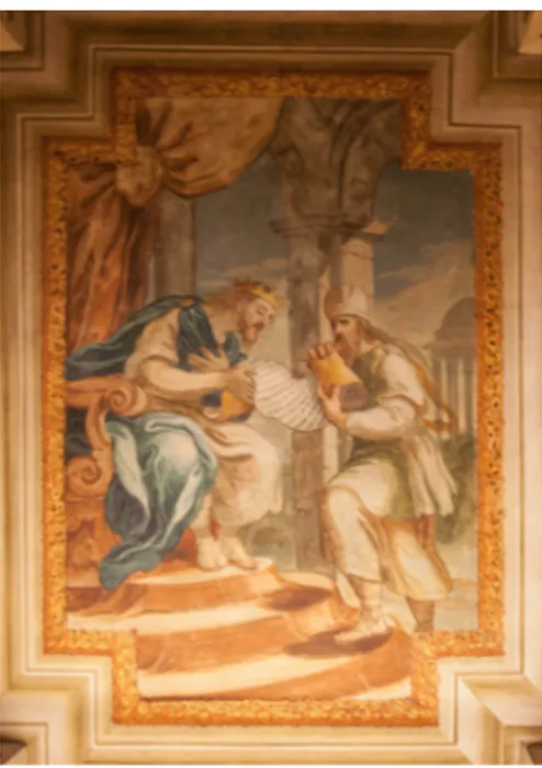 Fig.  6.  Lo  scriba  Sefan  mentre  mostra  il  libro  della  legge  a  re  Giosia,  Ancona,  palazzo  Benincasa