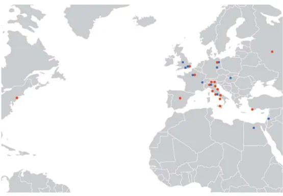 Fig. 1. Distribuzione geografi ca degli allestimenti analizzati nel volume e delle istituzioni  coinvolte: sedi di musei ed esposizioni temporanee (rosso) e sedi di istituzioni intervenute  nell’inchiesta del Offi ce International des Musées sulla formazio