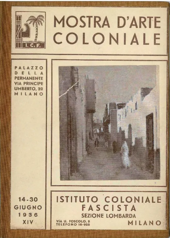 Fig. 3. Copertina del catalogo della “Mostra d’Arte Coloniale” allestita presso il Palazzo  della Permanente di Milano (1936)