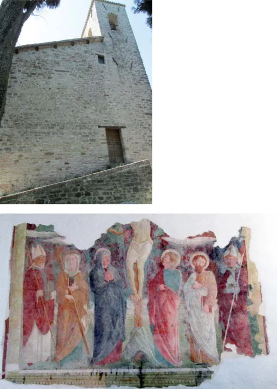 Fig. 3. Castello, Fiordimonte: 3a. Chiesa di S. Antonio; 3b. Crocifissione di Cristo con S