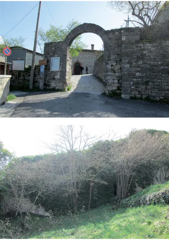 Fig. 3. Castello, Fiordimonte: 3c. Accesso della fortificazione; 3d. Tratto di cinta muraria  della fortifi cazione
