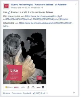 Fig. 8. Post su Facebook di lancio della mostra “LIKE – Restauri e scatti. Il volto inedito del  Salinas” (in foto, Statua di Zeus in trono, da Solunto, II sec
