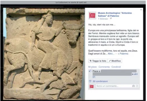 Fig. 11. Post su Facebook di lancio della Metopa raffi gurante Europa rapita dal Toro (da  Selinunte, 550 a.C.)