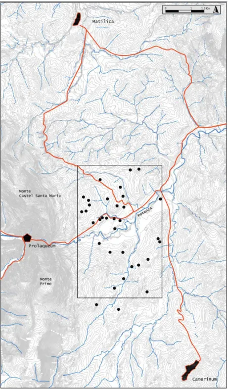 Fig. 3. The Roman rural sites detected by the PVS project in the upper valley sample area,  located in the concerned geographical framework (Roman roads and urban centers)