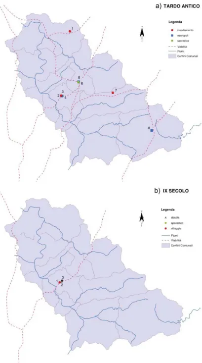 Fig. 7. Viabilità e distribuzione dei siti: a) tardoantico – 1: Montessoro (Isola del Cantone); 