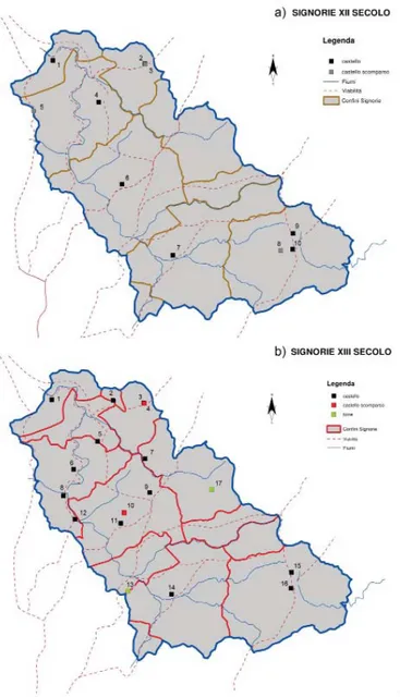 Fig. 10. Strutture fortifi cate, castelli e distretti signorili: a) XII secolo – 1: Pietrabissara (Isola  del Cantone); 2: Liprando (Isola del Cantone?); 3: Monte Castellazzo (Isola del Cantone); 4: 