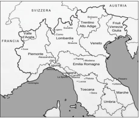 Fig. 9. Le regioni dell’Italia centro-settentrionale, con indicazione dei capoluoghi di provincia  e di alcune altre località citate nel testo