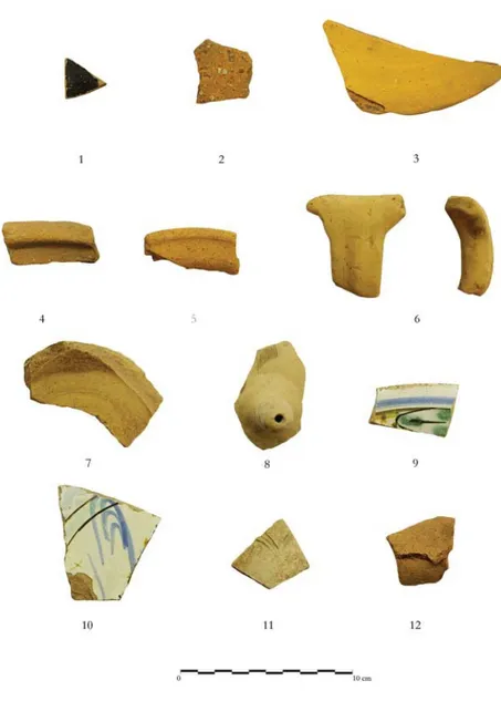 Fig. 5. Loc. San Pietro (Calvello), ricognizioni: 1 ceramica a vernice nera; 2-6 ceramica  acroma; 7-8, 11-12 ceramica non rivestita post-medievale; 9-10 ceramica rivestita post-medievale