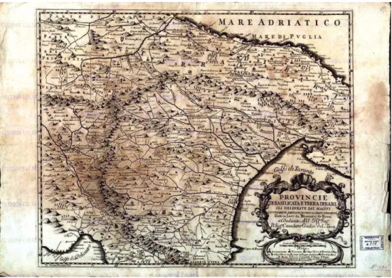 Fig. 1. Mappa della Basilicata. Carta geografi ca tratta da L’Italia, a cura di F. Magini, edito a  Bologna tra il 1620 e il 1640