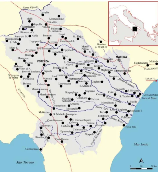 Fig. 3. Mappa della Basilicata con i siti citati nel testo (elaborazione D. Roubis)