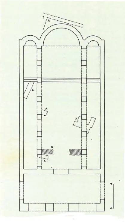 Fig. 4. Banzi (PZ): abbazia di S. Maria. Planimetria della chiesa (a: strutture murarie di età  romana; b: strutture murarie altomedievali) (da Bubbico, Caputo 1996b)