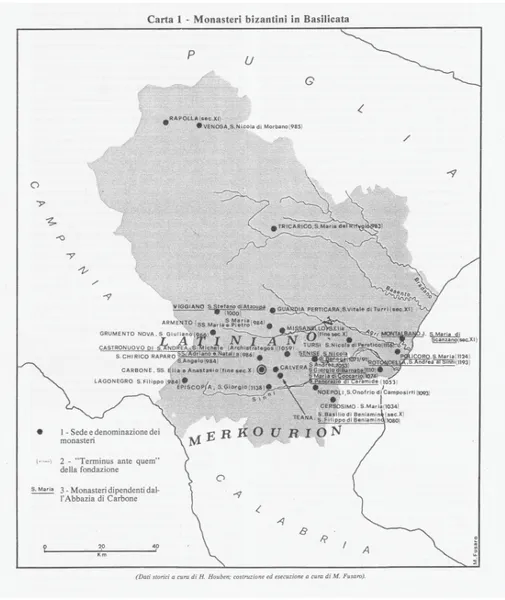 Fig. 11. Carta di distribuzione dei monasteri bizantini in Basilicata (da Houben 1986)