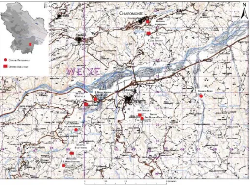 Fig. 1. Localizzazione degli opifi ci idraulici nella media Valle del Sinni (Elaborazione grafi ca  V