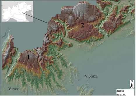 Fig. 1 L’area di studio nel Veneto, con indicati gli Alti Lessini (1) e l’Altopiano di Asiago (2)