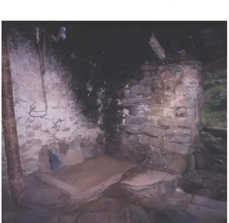 Fig. 6. a) L’étage d’un teccio avec ses foyers au sol; b) Le foyer F2 en 1997