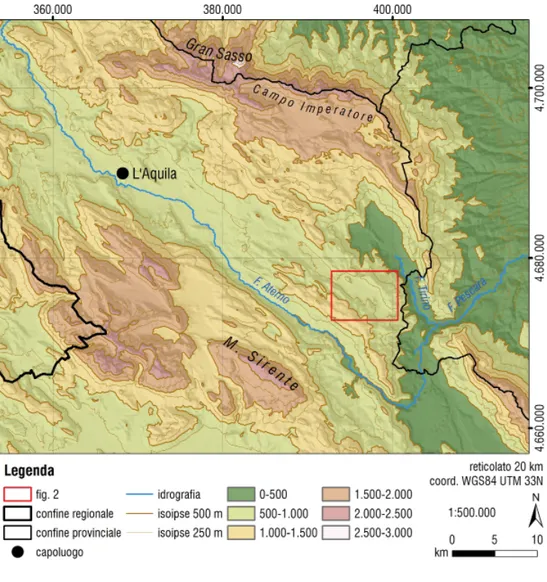 Fig. 1. Il territorio aquilano tra il Gran Sasso e il M. Sirente (elab. dell’autore)