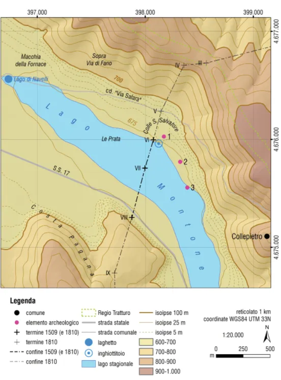 Fig. 3. L’area centrale dell’Altopiano di Navelli: sintesi dei dati presentati nel testo  (elab