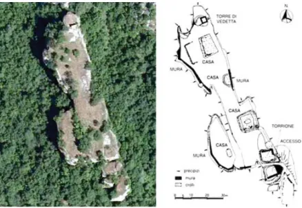 Fig. 2. Immagine aerea (ortofoto digitale, 2010) e rilievo delle strutture identifi cate nel corso  delle indagini archeologiche del 1999 (da Staffa 2004, p