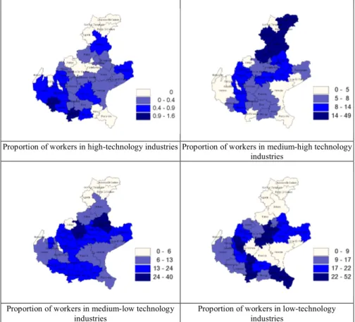 Fig.  2  –  Proportion  of  workers  in  industries  with  different  technology  intensity  over  total  employment in industries and services (percentage in each LLS)