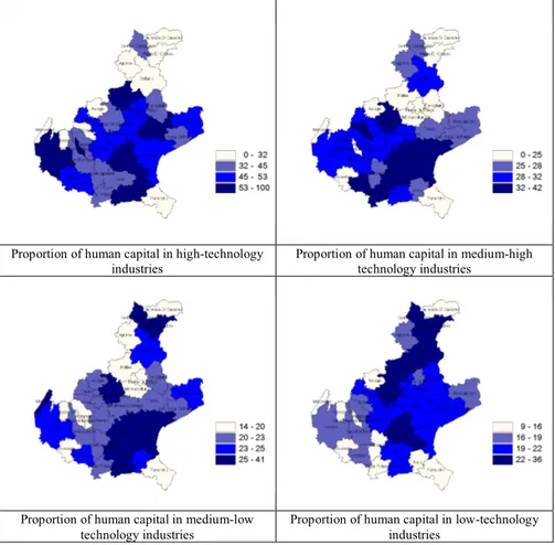 Fig. 3 – Proportion of human capital in industries with different technology intensity over  total employment in industries and services (percentage in each LLS)