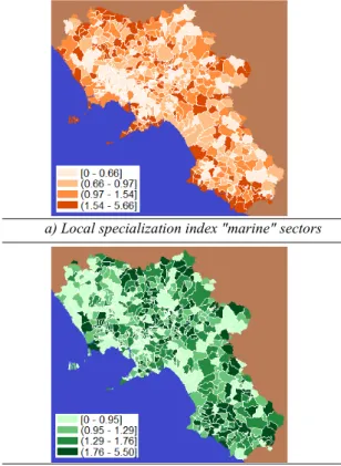 Fig. 2. - Local specialization index for &#34;marine&#34; and &#34;high pressure&#34; sectors in the munici- munici-palities of Campania, 2011