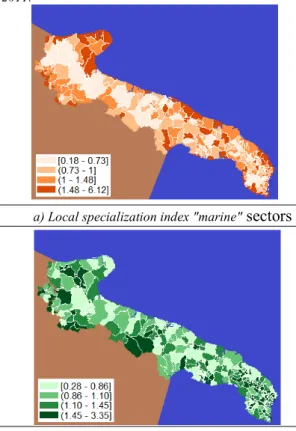 Fig. 4 - Local specialization index for &#34;marine&#34; and &#34;high pressure&#34; sectors in the munici- munici-palities of Apulia, 2011