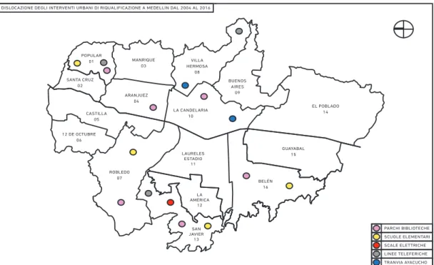 Fig. 2   distribuzione dei principali interventi di riqualificazione urbana  realizzati nelle Comunas di  Medellín 