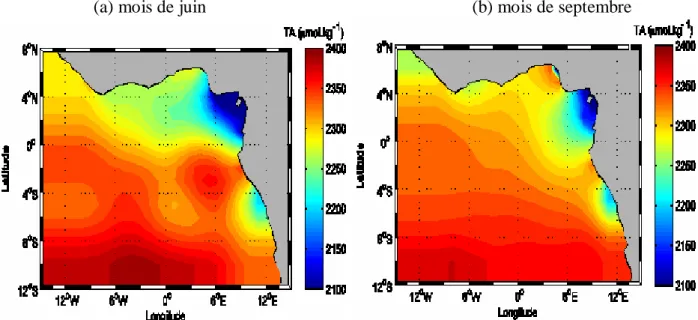 Figure  35  :  Carte  de  distribution  de  TA  dans  l’est  de  l’Atlantique  tropical (a)  juin  et  (b)  septembre à partir des données de SSS climatologiques (extrait de World Ocean Atlas, 2005)