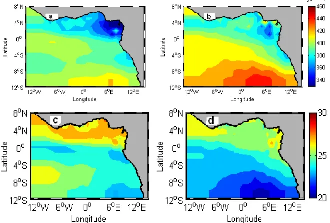 Figure  40  :  Distribution  moyenne  de  la  fCO 2   (en  haut)  et  de  la  SST  (en  bas)  dans  l’Est  de  l’Atlantique tropical en juin (a, c) et septembre (b, d) couvrant la période 2005 à 2007