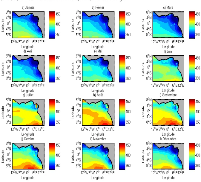 Figure  45  :  Cartes  mensuelles  (Janvier  à  Décembre)  de  fCO 2   dans  l’Est  de  l’Atlantique  tropical