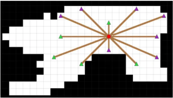Figure 4.20: Les diérentes étapes de la méthode. On commence par tracer des rayons deux par deux de sens opposés dans la forme (a) puis on conserve la longueur minimale (b)
