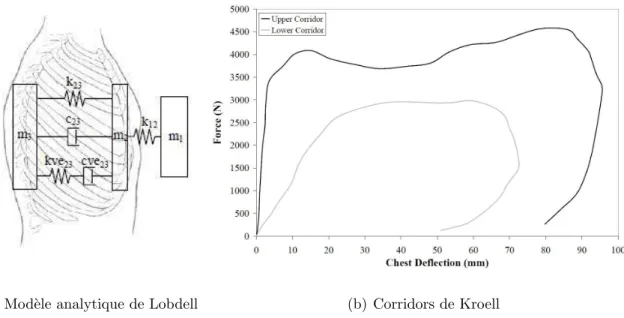 Figure 1.37 – Mod` ele analytique du Thorax cr´ e´ e par Lobdell [Lob73], et corridors d´ efinis par Kroell [Kro74] ` a partir de ce mod` ele.