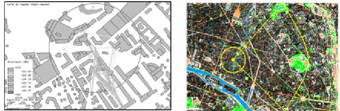 Figure 64 : Tracé des rayons dans une petite zone de 500x700 m² (à gauche), Cartographie avec  le logiciel GRIMM sur une zone 5 km² (à droite) 