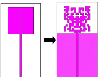 Figure II.13.  Topologie de l’antenne ULB avant et après implémentation de l’algorithme  génétique : patch rectangulaire et patch optimisé 