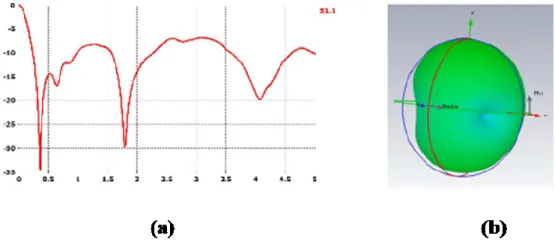 Figure IV-2: (a) |S 11 | et (b) Diagramme de rayonnement en 3D simulés de l'antenne dans le corps humain [Alrawashdeh 2013] 