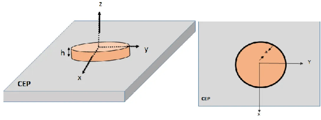 Figure 2.2. Antenne à résonateur diélectrique cylindrique: (a) Vue en 3D, (b) Vue de dessus