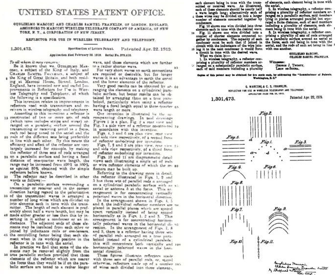 Figure I-7 – Premier article traitant de l’association d’une antenne avec un réseau périodique : Brevet  présenté par Marconi et Franklin (1919)