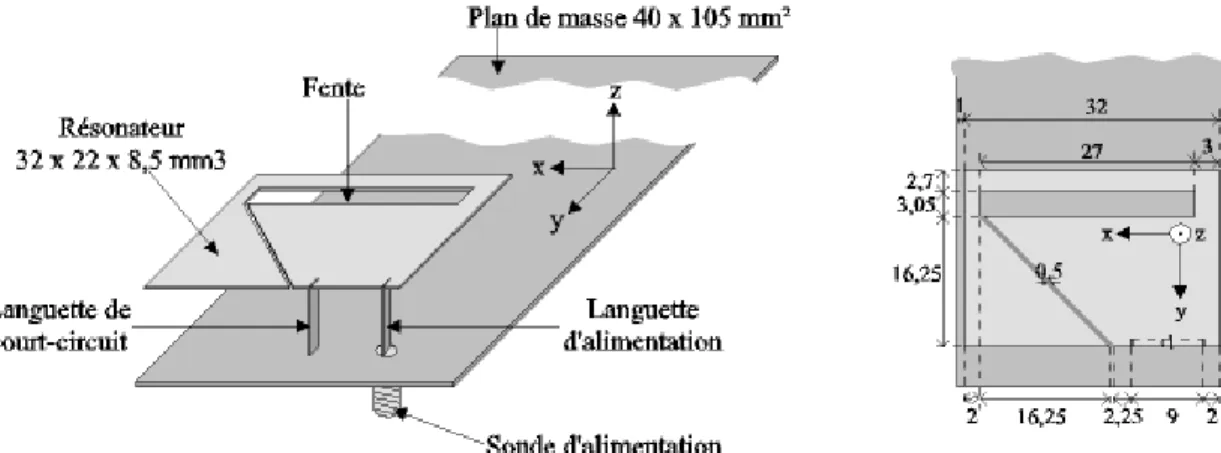 Fig. 33 : Antenne bi-bande à fente initiale (dimensions en mm) 