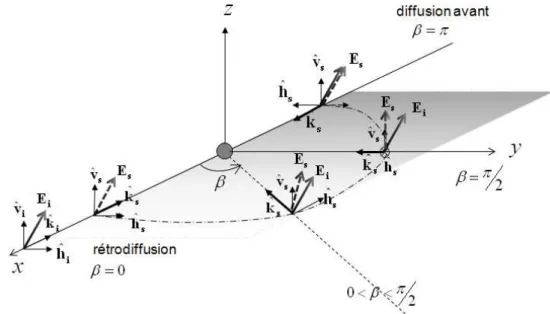 Figure 2.1 – Evolution des vecteurs polarisations dans le plan de diffusion en fonction de l’angle bistatique